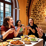 **

A diverse group of young adults participating in a cultural exchange program in Europe. The scene captures a vibrant evening with participants sharing food, music, and dance from their respective cultures. Focus on the expressions of joy, connection, and intercultural understanding. Include digital tools like tablets or laptops being used to showcase cultural presentations. The setting could be a rustic European building or a lively outdoor space. Style: Photorealistic, warm lighting.

**