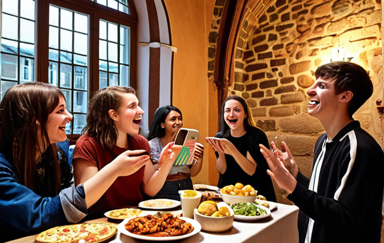 **
A diverse group of young adults participating in a cultural exchange program in Europe. The scene captures a vibrant evening with participants sharing food, music, and dance from their respective cultures. Focus on the expressions of joy, connection, and intercultural understanding. Include digital tools like tablets or laptops being used to showcase cultural presentations. The setting could be a rustic European building or a lively outdoor space. Style: Photorealistic, warm lighting.
**