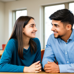 A compassionate professional youth educator, fully clothed in modest business casual attire, is engaged in active listening with a young female adolescent. The young person is also fully clothed in appropriate, modest casual wear, exhibiting a natural pose. They are seated comfortably at a modern table in a well-lit community center lounge, with a blurred background suggesting a supportive and clean environment. The focus is on empathetic connection and respectful dialogue. Perfect anatomy, correct proportions, well-formed hands, natural body proportions, professional photography, high quality, realistic, safe for work, appropriate content, fully clothed, professional, family-friendly.