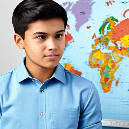 Home 7 A confident young person, fully clothed in professional yet casual attire, standing in a bright, modern learning environment. Their expression is thoughtful and determined, symbolizing personal growth, autonomy, and the acquisition of global competencies. The background features subtle elements like a world map or abstract global patterns, suggesting international experience. Safe for work, appropriate content, modest clothing, family-friendly, perfect anatomy, correct proportions, natural pose, well-formed hands, proper finger count, natural body proportions, professional photography, high quality.