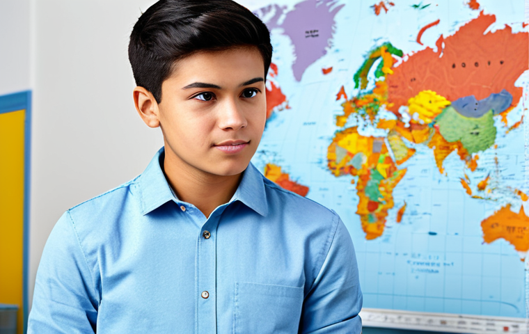 A confident young person, fully clothed in professional yet casual attire, standing in a bright, modern learning environment. Their expression is thoughtful and determined, symbolizing personal growth, autonomy, and the acquisition of global competencies. The background features subtle elements like a world map or abstract global patterns, suggesting international experience. Safe for work, appropriate content, modest clothing, family-friendly, perfect anatomy, correct proportions, natural pose, well-formed hands, proper finger count, natural body proportions, professional photography, high quality.