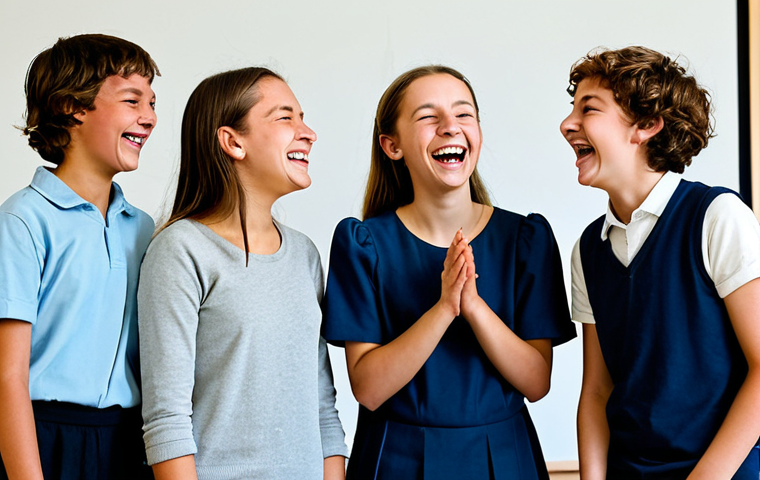 **
"A group of fully clothed teenagers participating in a theatre workshop, laughing and smiling, appropriate attire, in a community center setting in France, safe for work, perfect anatomy, natural proportions, family-friendly atmosphere, professional photo, high quality, modest clothing. Focus on positive interaction and emotional expression."
**