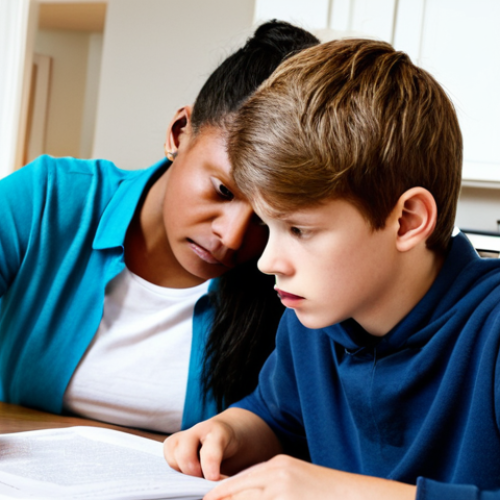 Home 21 School Struggles**
"A concerned mother in a brightly lit, modern kitchen, reviewing homework with her teenage son. He looks frustrated. The scene is warm and inviting, suggesting a supportive home environment. Focus on the importance of parental involvement in education. fully clothed, appropriate attire, safe for work, perfect anatomy, natural proportions, family-friendly, professional photography, high quality. Consider adding French textbooks or school supplies."
**
