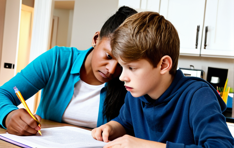 School Struggles**
"A concerned mother in a brightly lit, modern kitchen, reviewing homework with her teenage son. He looks frustrated. The scene is warm and inviting, suggesting a supportive home environment. Focus on the importance of parental involvement in education. fully clothed, appropriate attire, safe for work, perfect anatomy, natural proportions, family-friendly, professional photography, high quality. Consider adding French textbooks or school supplies."
**