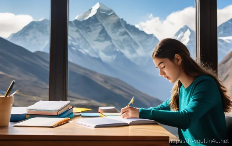 청소년지도사 시험 대비 스터디 팁 - **Focused Determination Facing a Grand Challenge:** A young woman, appearing to be in her early twen...