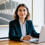 Home 20 청소년지도사와 청소년 창업 지원 프로그램 - A focused and aspiring young French entrepreneur, a woman in her early 20s, wearing a smart casual o...