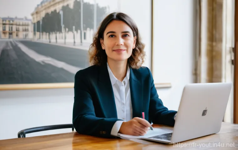 청소년지도사와 청소년 창업 지원 프로그램 - A focused and aspiring young French entrepreneur, a woman in her early 20s, wearing a smart casual o...