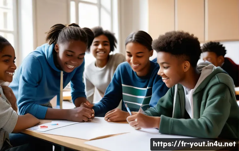청소년지도사와 청소년 리더십 개발 프로그램 - A diverse group of teenagers participating enthusiastically in a collaborative workshop inside a bri...