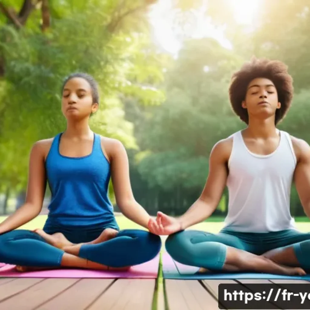 청소년지도사와 청소년 리더십 캠프 - A diverse group of teenagers participating in a mindfulness meditation session outdoors in a serene ...