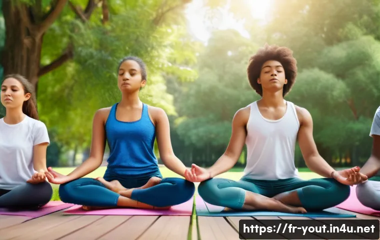 청소년지도사와 청소년 리더십 캠프 - A diverse group of teenagers participating in a mindfulness meditation session outdoors in a serene ...