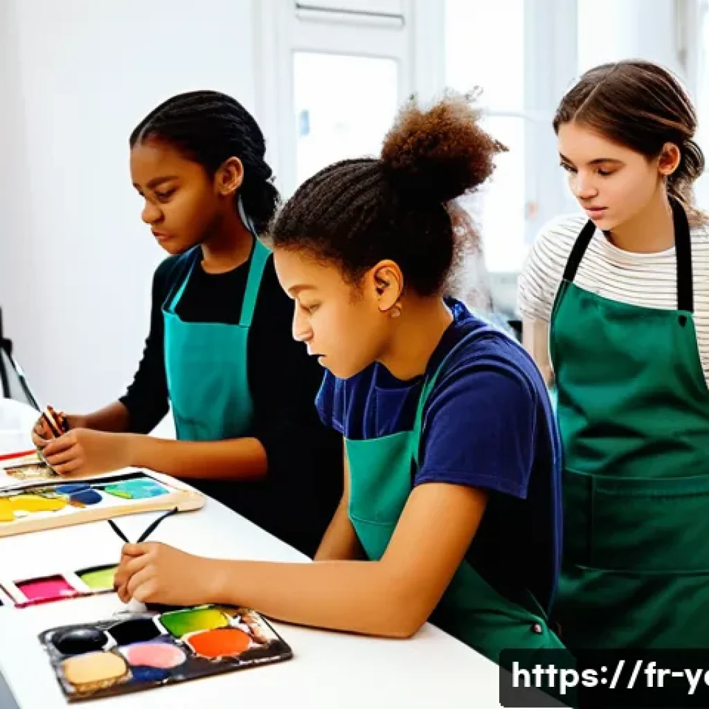 청소년지도사와 청소년의 창의적 표현 사례 - A vibrant youth art workshop scene in a modern community center in Paris, featuring diverse teenager...