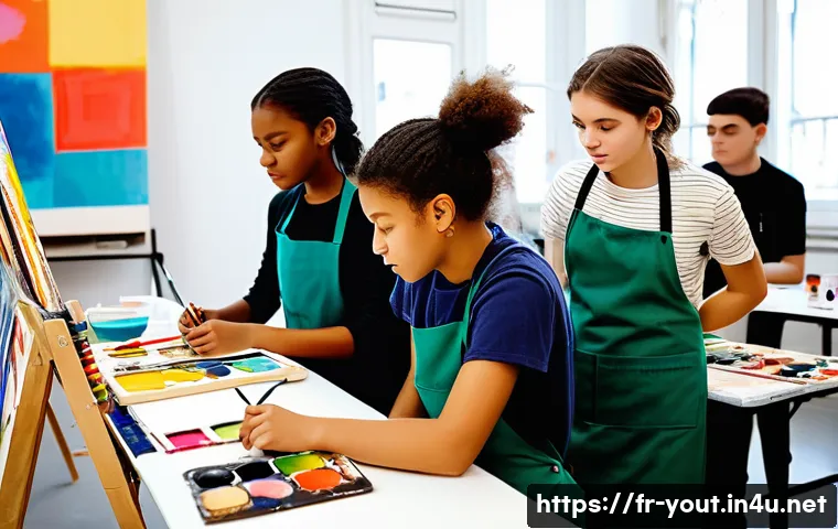 청소년지도사와 청소년의 창의적 표현 사례 - A vibrant youth art workshop scene in a modern community center in Paris, featuring diverse teenager...