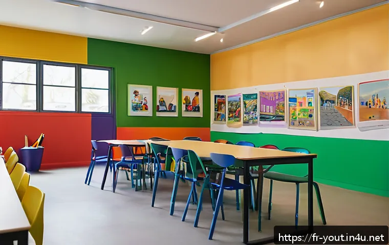 청소년지도사와 지역사회 자원 연계 - A vibrant youth community center in a French urban neighborhood, designed with colorful murals refle...