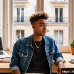 청소년지도사와 관련된 소셜미디어 활용법 - A vibrant social media influencer workspace in Paris, featuring a young French content creator in ca...