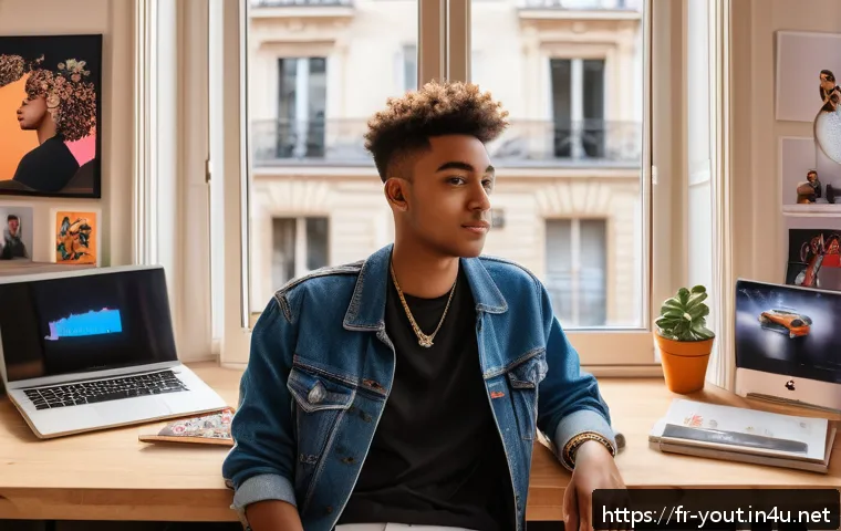 청소년지도사와 관련된 소셜미디어 활용법 - A vibrant social media influencer workspace in Paris, featuring a young French content creator in ca...