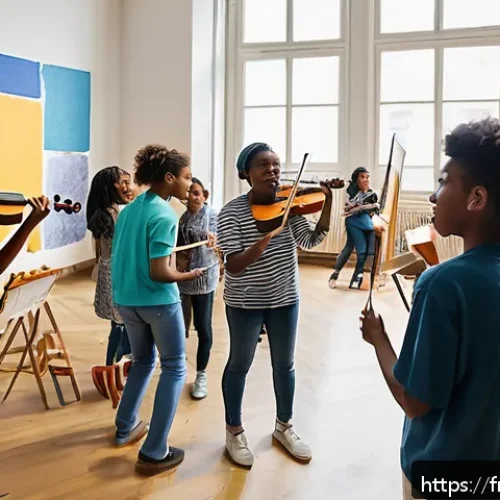 청소년지도사 직무에서의 성공 사례 연구 - A vibrant community art workshop scene in a modern French urban cultural center, featuring diverse t...