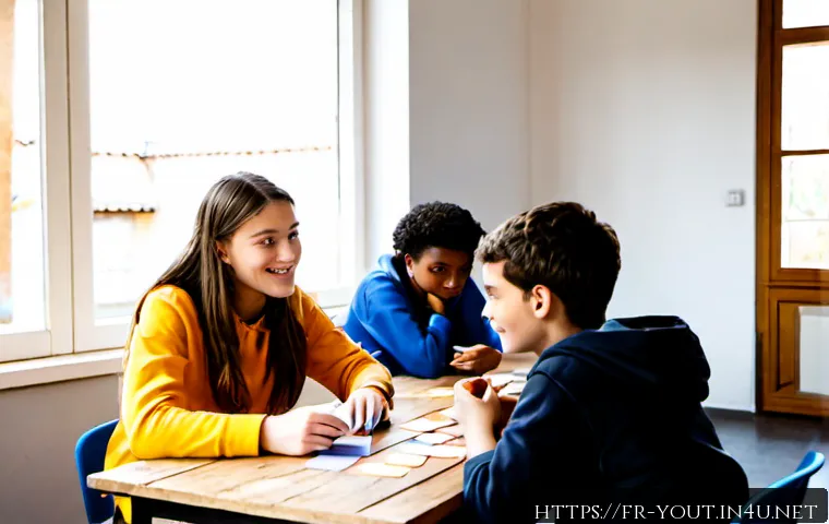 Home 17 청소년지도사로서의 협업 기술 향상 - Photorealistic youth mentoring team meeting in a bright French community center, diverse youth worke...